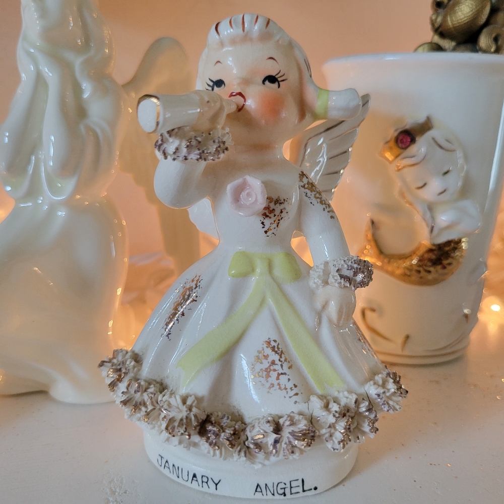 Lefton Exclusive January Girl Angel Figurine ~ Cute! ~ Broken Halo & Wing 😥